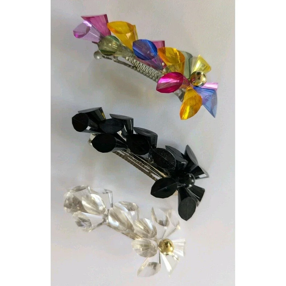 Vtg 80s Lucite Hair Barrette Clips Lot Of 3 Fancy Disco Rainbow Black Clear EUC